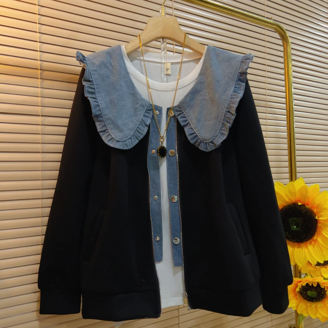 DD新款娃娃领牛仔拼接大码显瘦外套