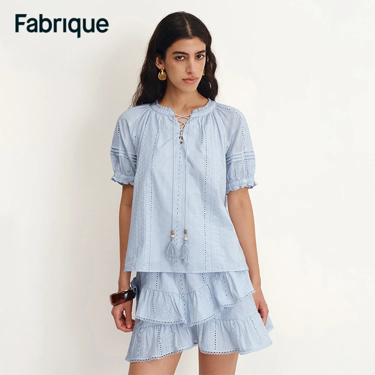 Fabrique Vicky【蓝月光】春夏新款纯棉刺绣短袖衬衫上衣与短裙套装