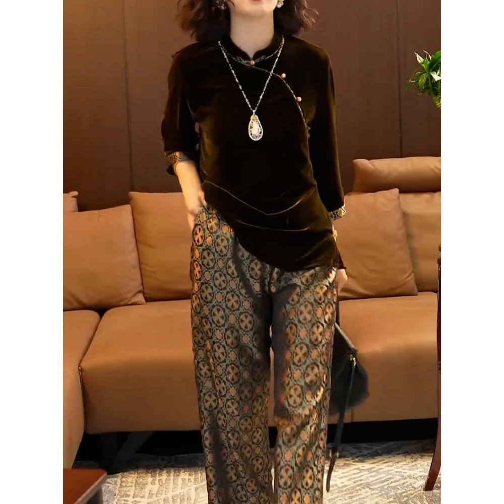 复古高级感文艺风裤套装2025秋季新款端庄优雅丝绒百搭衬衫+裤子