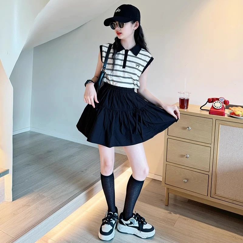 女童夏装套装2025新款儿童无袖polo领上衣女孩大童网红短裙两件套