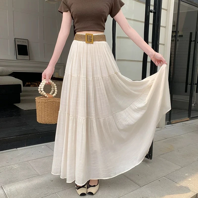 2025年夏季百褶半身裙女夏季高腰大摆伞裙编织腰带a字蛋糕长裙