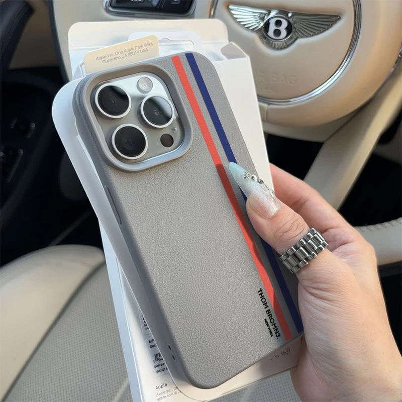 红蓝简约条纹适用苹果16p/15手机壳iPhone14promax13荔枝纹12软11