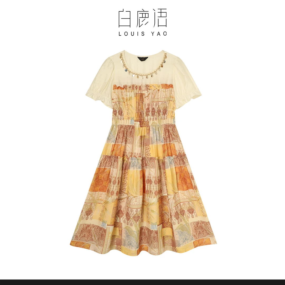 【商场同款新品】白鹿语时尚拼接圆领亮片短袖连衣裙YU20591