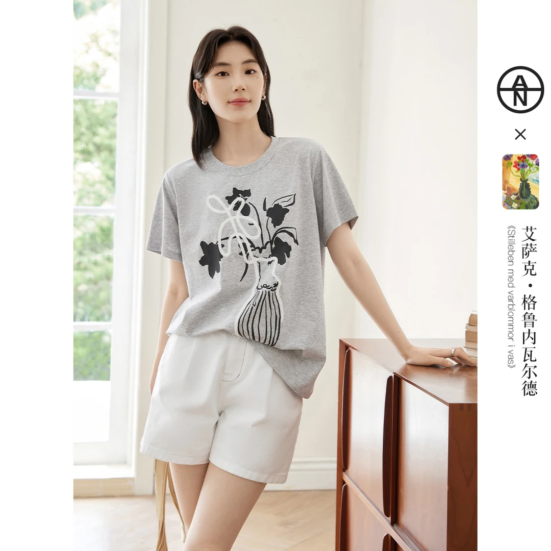 AN大码女装【艺术画作联名】花卉剪影短袖T恤夏季微胖mm宽松上衣