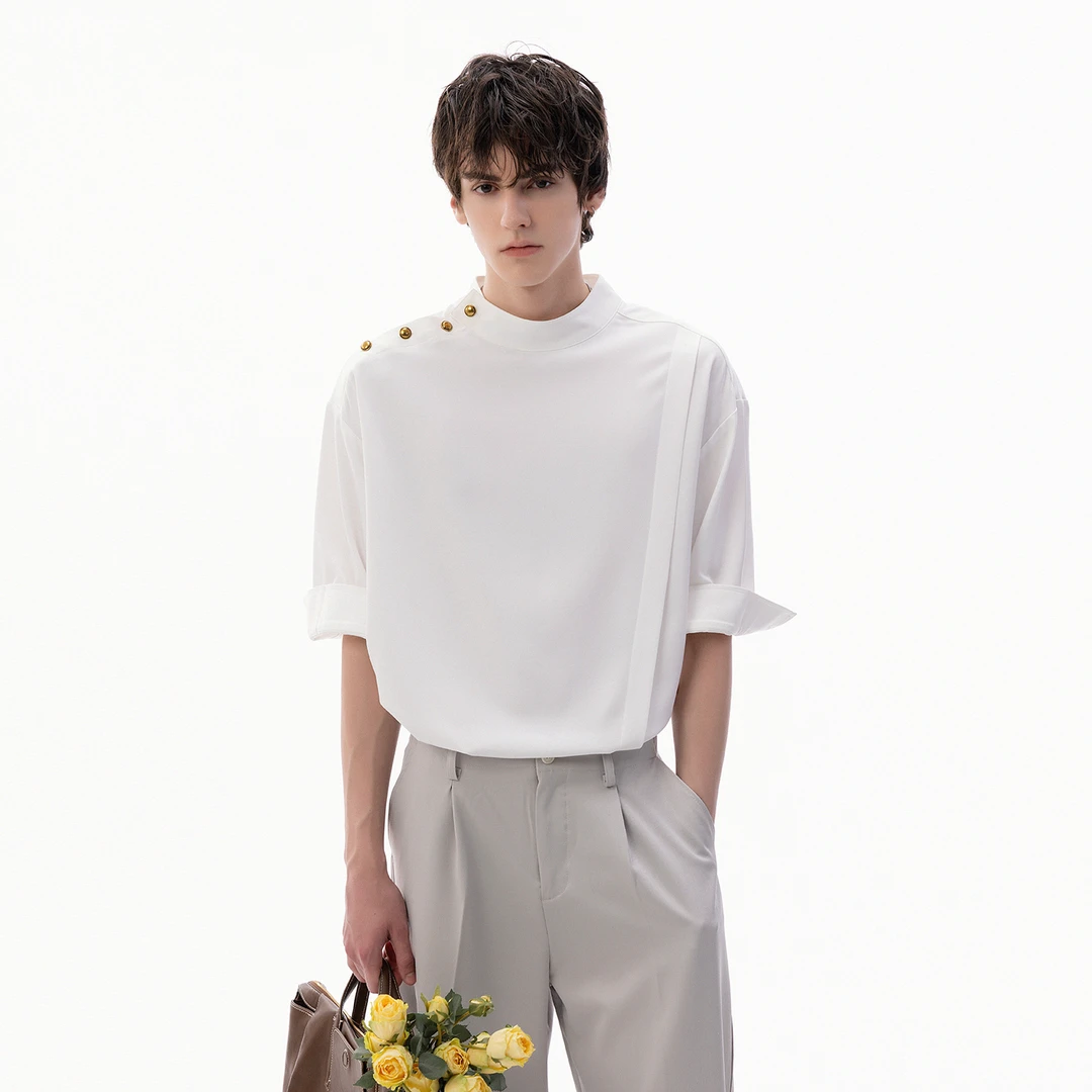 CHOR设计师款男装轻奢雅痞风松弛感男士休闲短袖衬衫夏季立领上衣