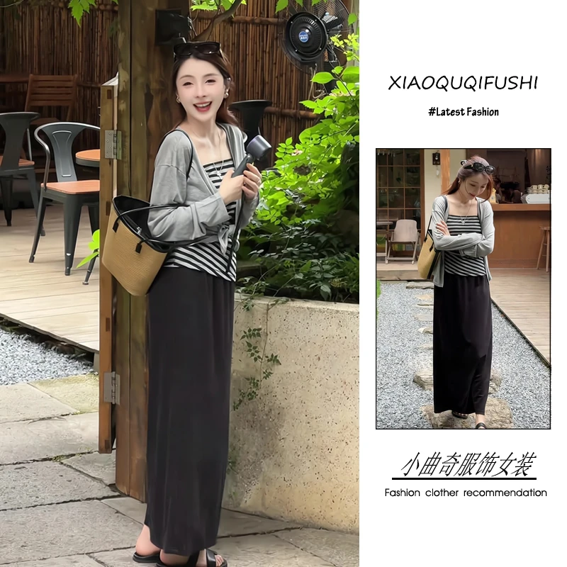 夏季2025新款一整套女装韩系休闲风防晒开衫条纹吊带半身裙三件套