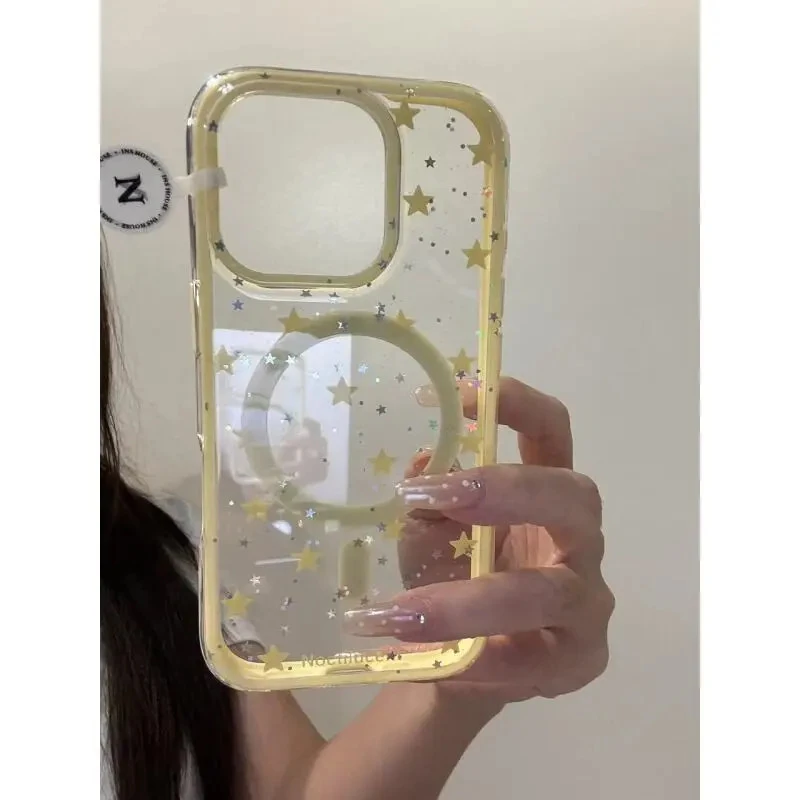 简约ins闪粉黄色星星适用iphone17promax苹果16p手机壳二合一磁吸