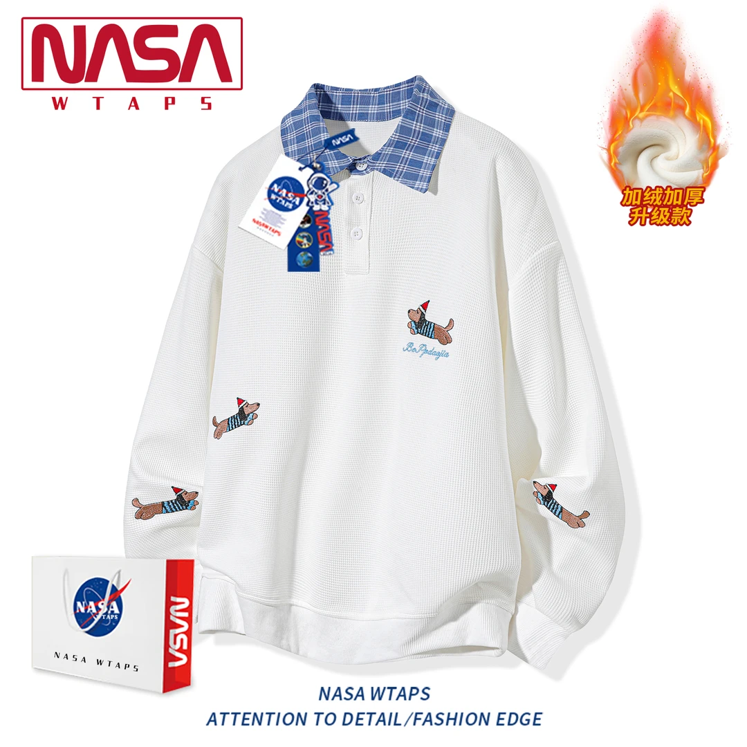 NASA WTAPS美式腊肠狗假两件加绒卫衣男款春秋季宽松情侣百搭外套