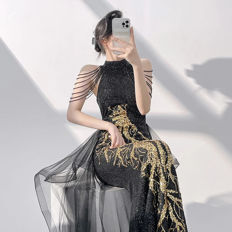 黑色挂脖晚礼服裙女高端轻奢小众名媛性感鱼尾主持人连衣裙高级感