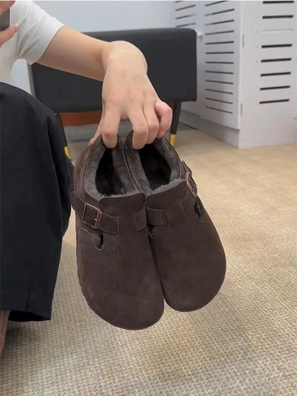 软皮版~软皮复古厚底一脚蹬全包勃肯鞋女冬季毛毛鞋保暖加绒棉鞋