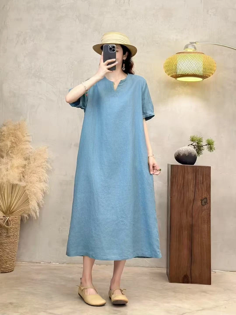 9058【100%进口亚麻】高级雨露亚麻连衣裙显瘦气质时尚休闲夏季