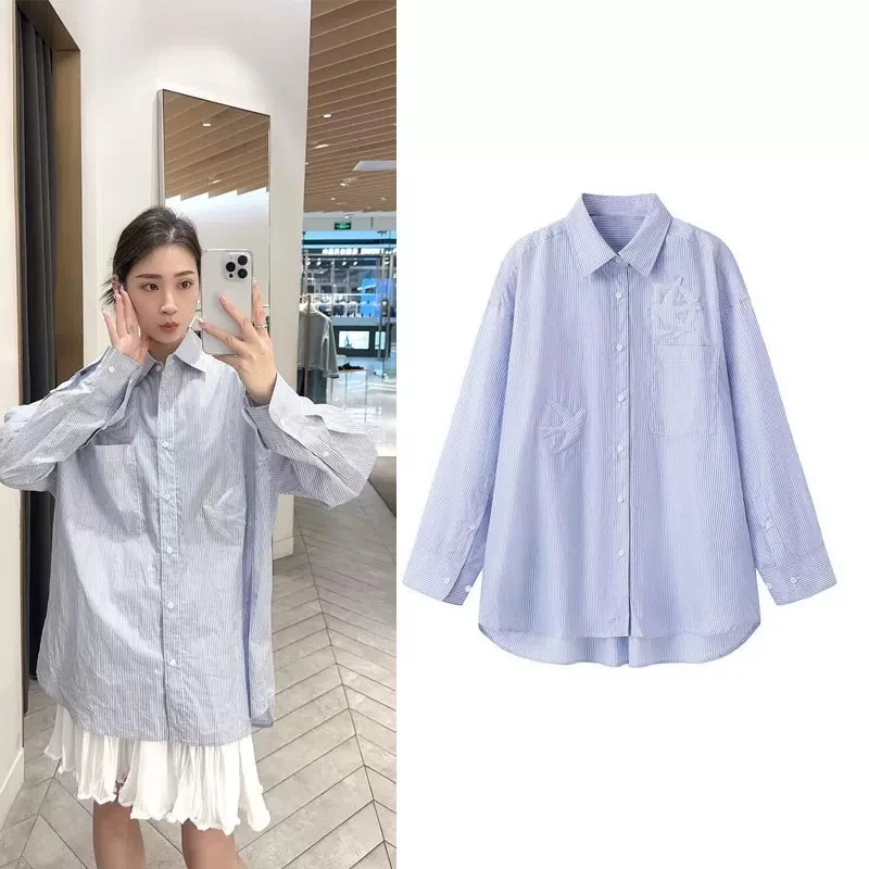 8314春季新款时尚燕子刺绣蓝色条纹长袖衬衫休闲衬衣百搭女