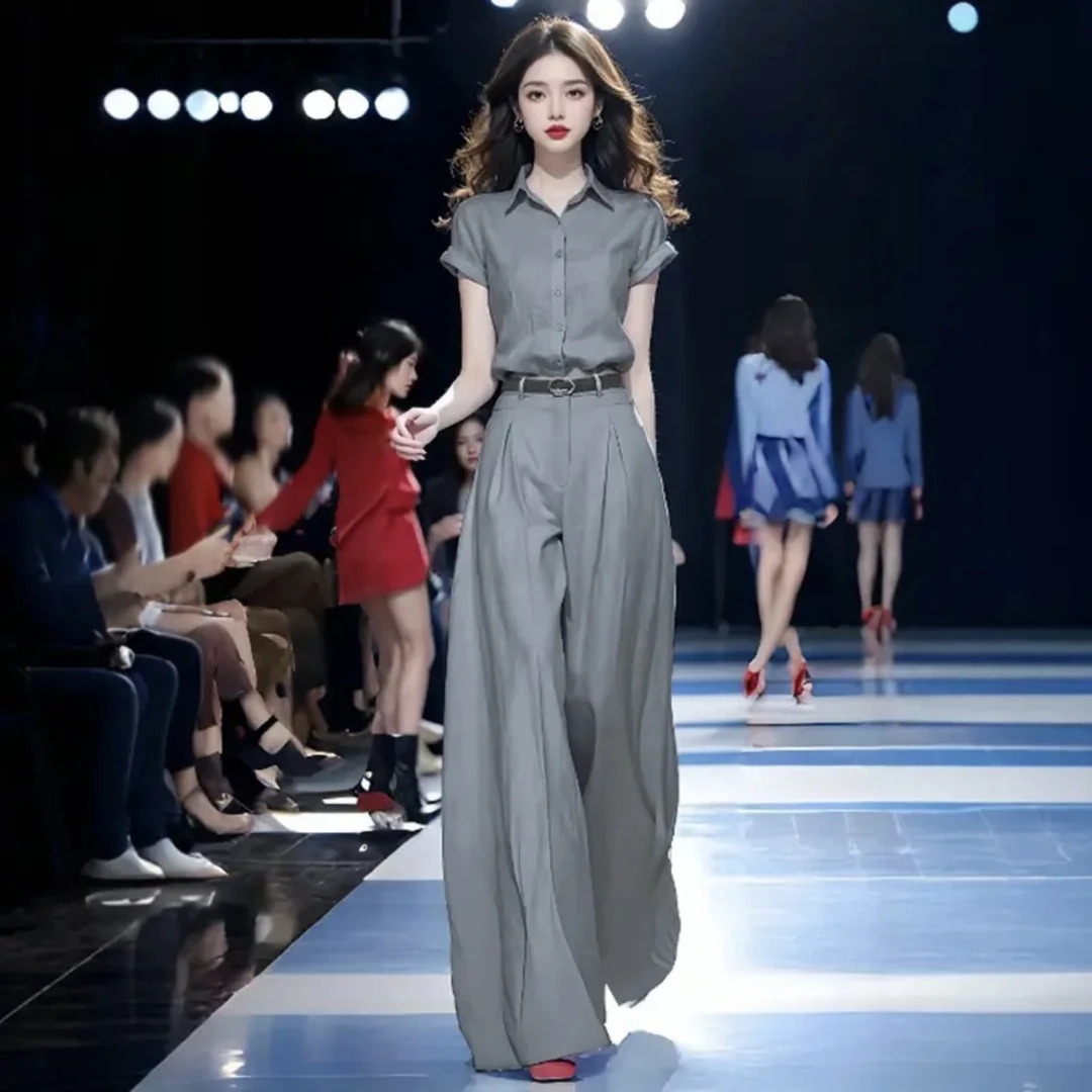 气质法式夏季时尚套装通勤衬衫静奢风短袖小众休闲风高腰套装