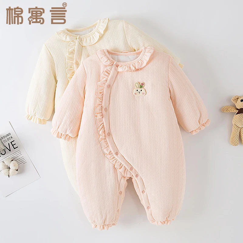 宝宝冬季连体衣婴儿加厚外穿新生儿棉服加棉哈衣可爱木耳领爬爬服