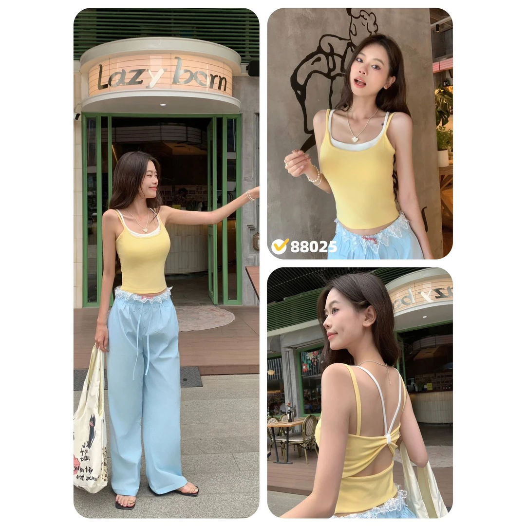 美式撞色拼接假两件黄色吊带背心女夏季蝴蝶结美背带胸垫上衣女Y