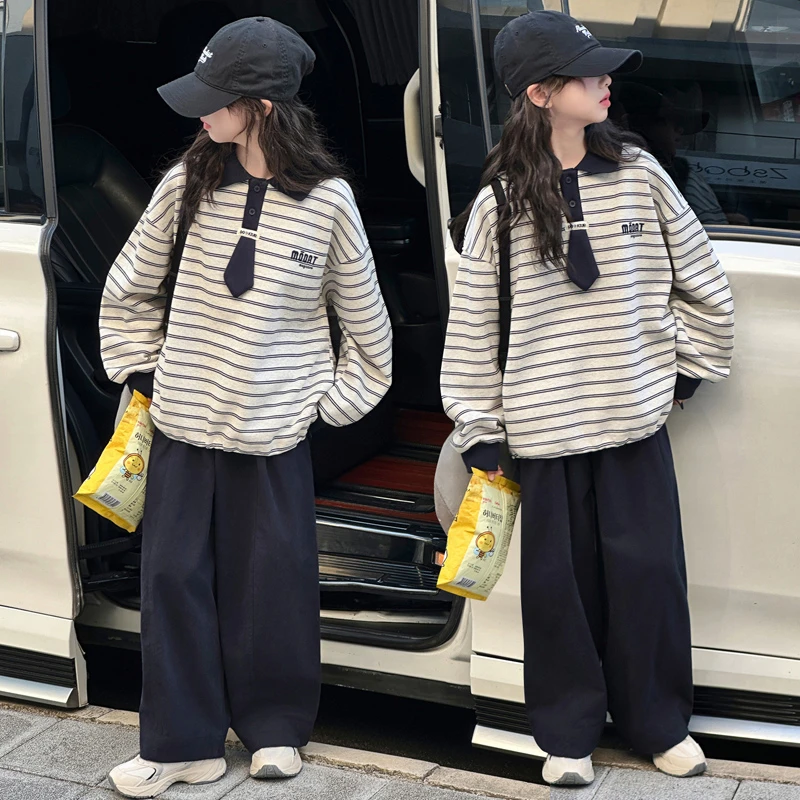 女童秋装新款条纹领带卫衣两件套中大童学院风女孩时尚休闲套装潮