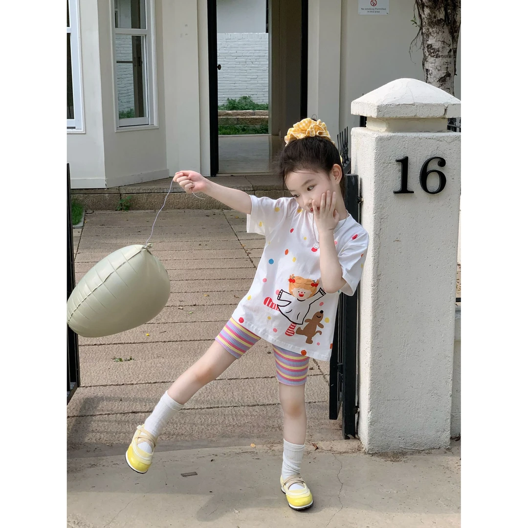 女童彩色波点T恤中长款2025夏季新款韩版女宝宝卡通宽松版型上衣