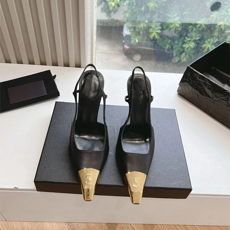 网红款新款名媛高跟鞋女金色小方头铁头漆皮黑色后空细跟包头凉鞋