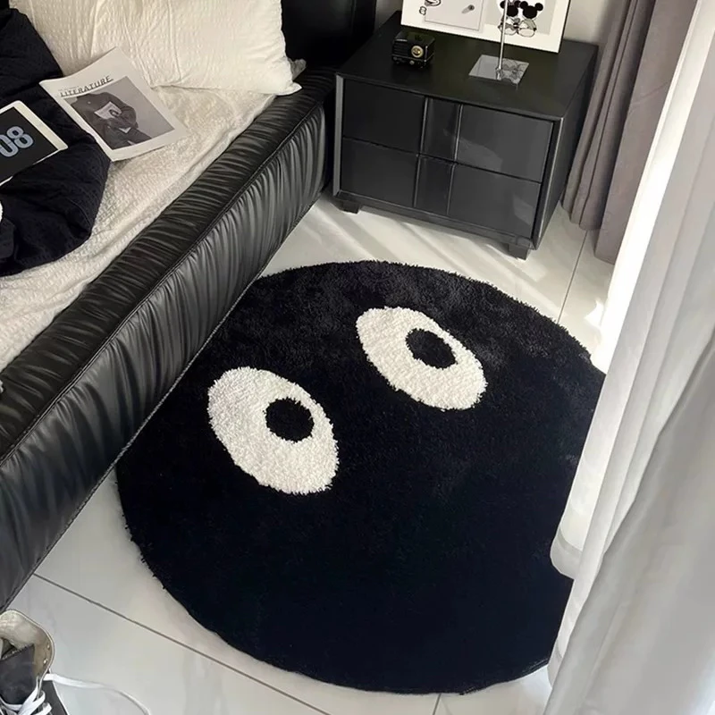 黑色可爱圆煤球客厅创意圆形地毯卧室床边防滑防尘黑色眼睛地毯子