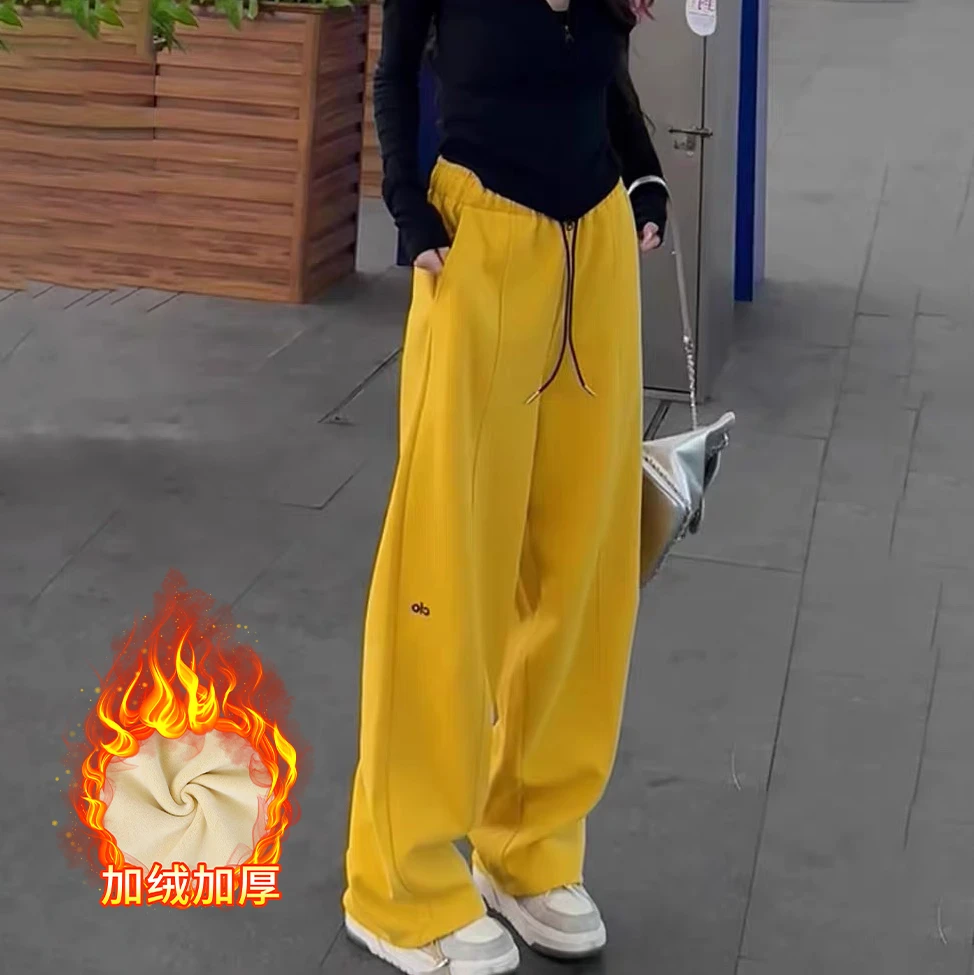 加绒加厚学院风阔腿裤女2025冬季新款字母刺绣休闲保暖显瘦直筒裤