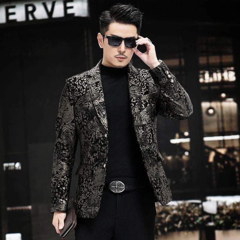 秋冬新时尚修身西装男士时髦百搭休闲商务印花单件西装夹克
