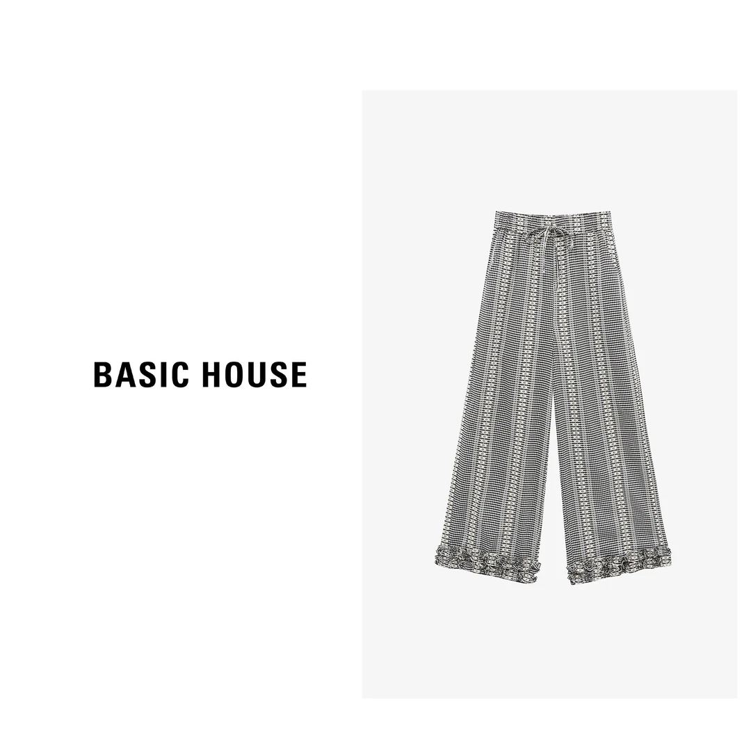 Basic House/百家好针织时尚休闲宽松条纹梭织长裤-B0625B5GVA2