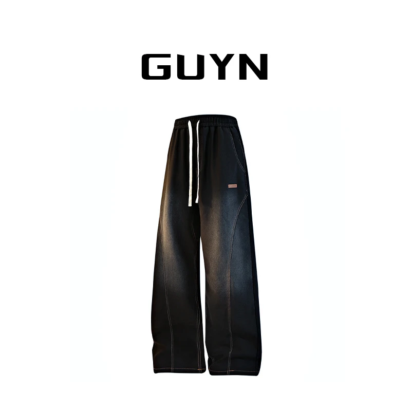 【品牌正品现货】GUYN休闲裤男秋季宽松高街百搭美式加厚直筒牛仔裤