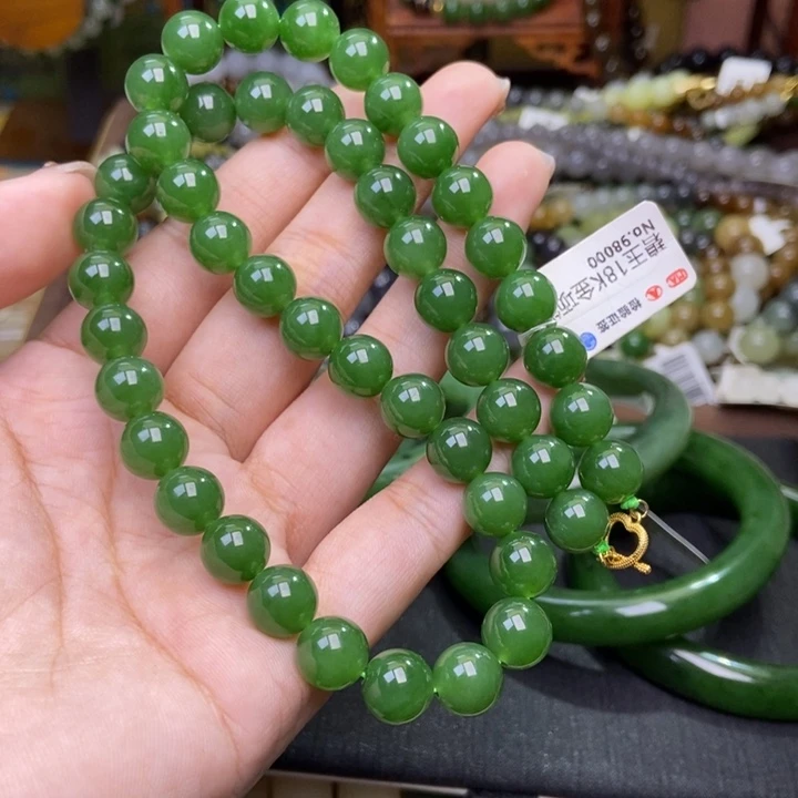 和田玉未镶嵌颈饰毕业碧玉老矿料阳绿项链9.6mm