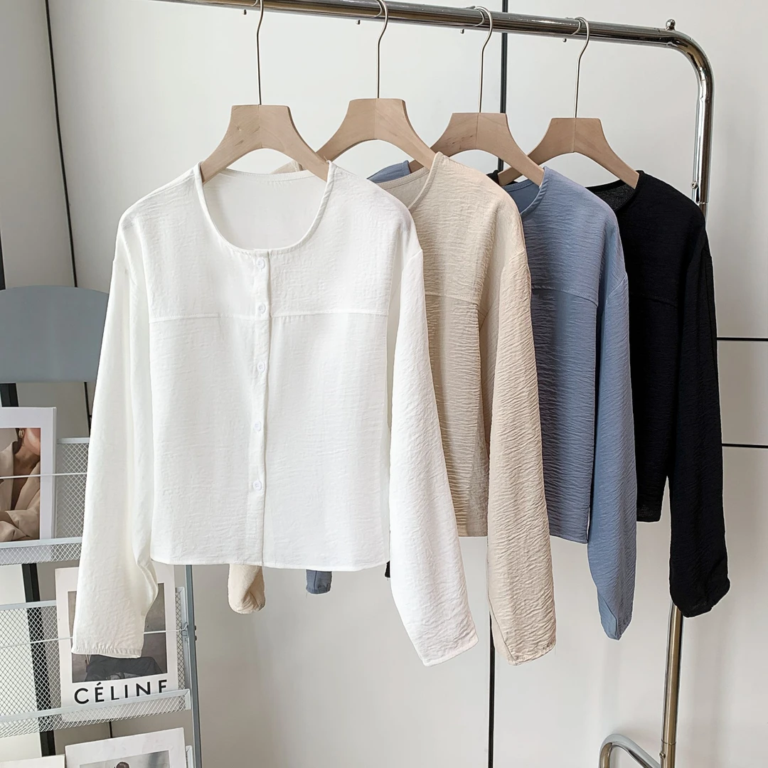 2025夏季新款气流冰丝皱韩系简约防晒单排扣宽松显瘦衬衫女W-309