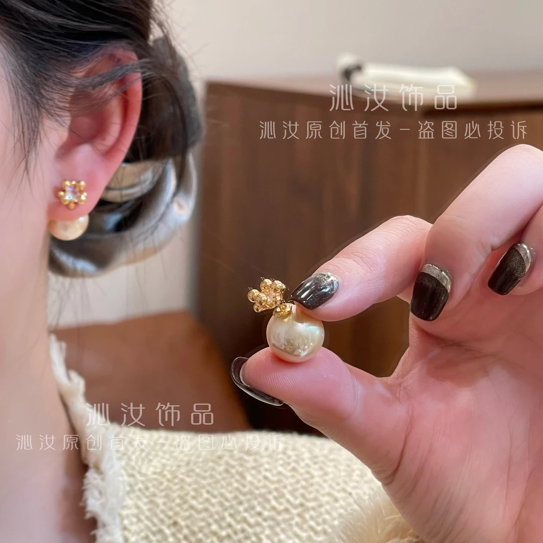 【沁汝饰品】FQ953金色花朵珠珠前后一款两戴耳环百搭