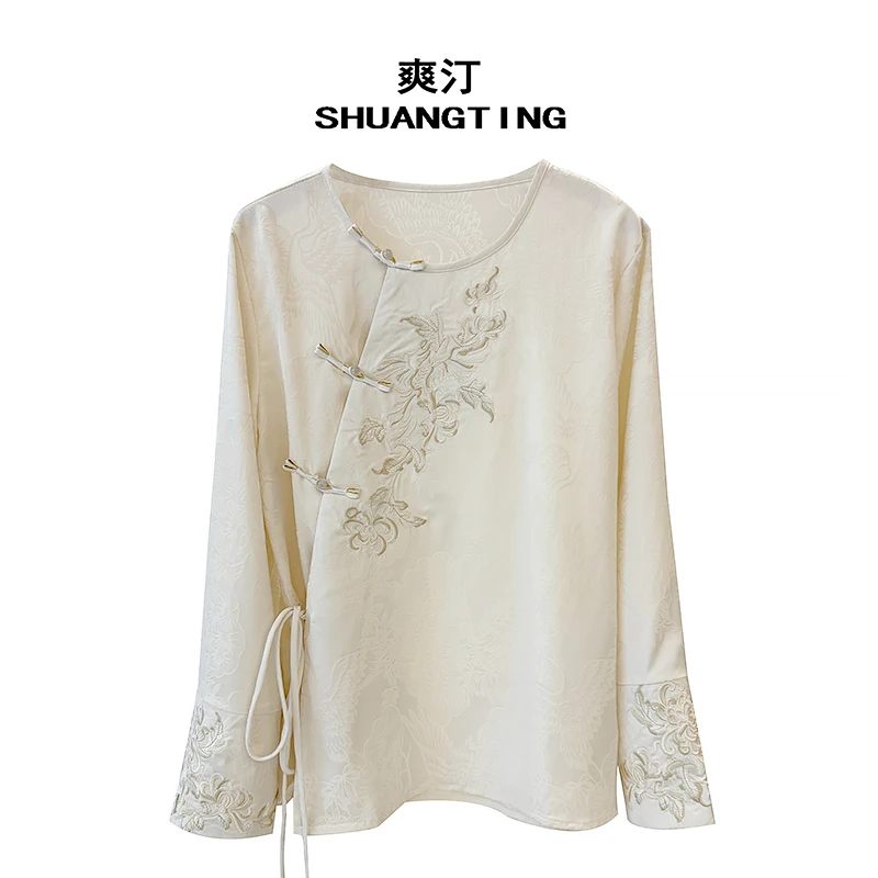 Jokara/丘可儿【黛墨】设计感织花盘扣系带长袖衬衫气质提花衬衣