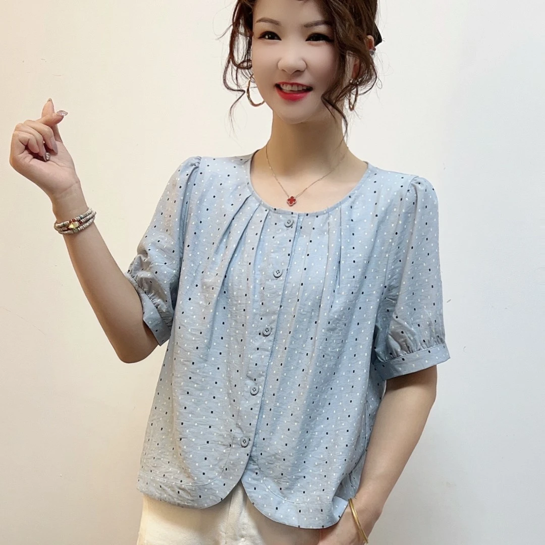 季念2025年夏季甜美波点休闲百搭圆领短袖衬衫气质时尚优雅衬衣女