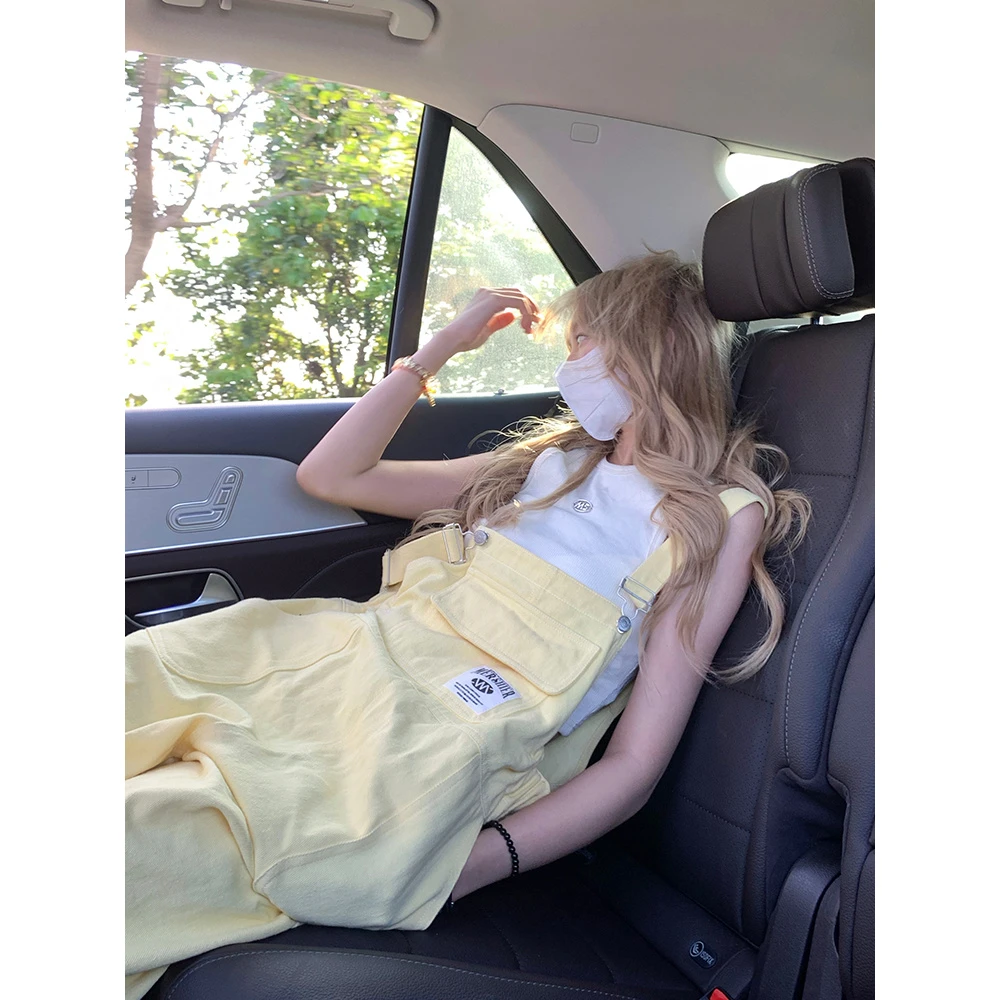 甜酷奶甜奶fufu黄色背带裤女夏装多巴胺穿搭小个子直筒连体裤套装