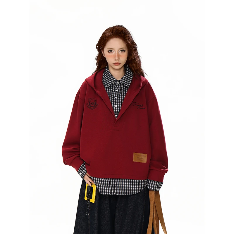 JADEQLIN拼接创意人物格子秋冬连帽卫衣长袖印花时尚春秋冬