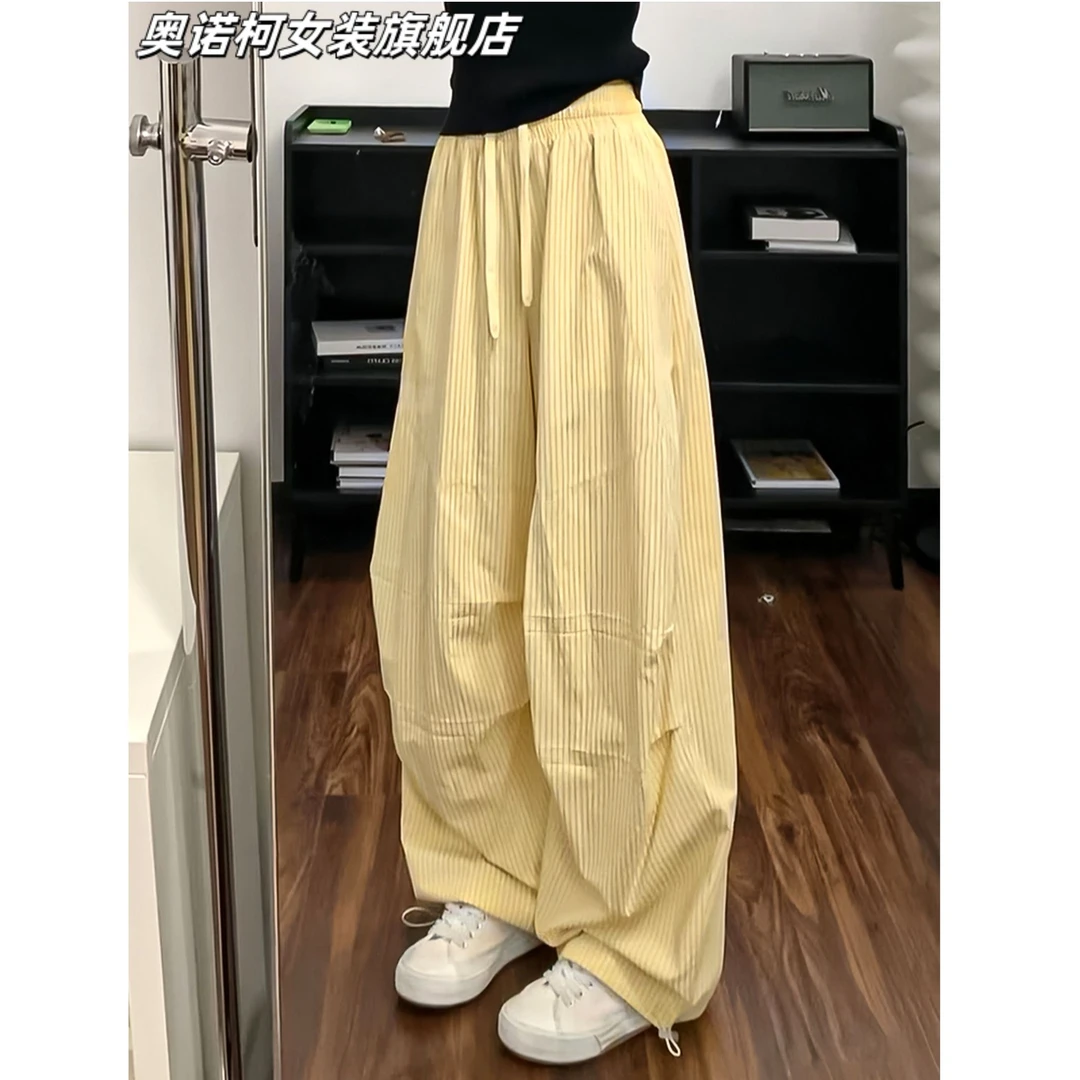 奥诺柯黄色条纹刺绣工装裤女秋季2025新款高腰宽松显瘦休闲阔腿裤