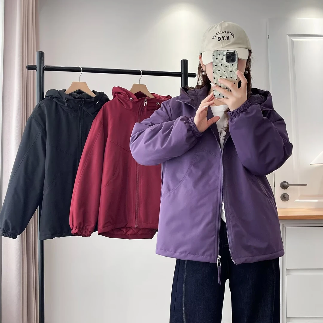 2025大码常规款连帽厚款短款棉服外套休闲风长袖女宽松型981