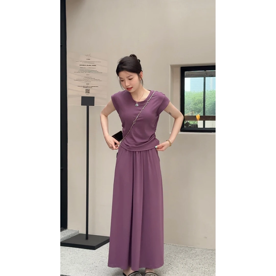 【大婷婷】新款轻奢小众圆领小飞袖上衣垂感高腰半身长裙套装DT0120