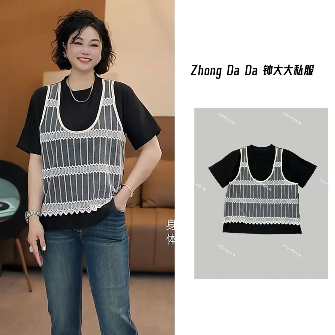 ZHONG大大【】时尚设计感复古气质显瘦假两件短袖T恤上衣689*