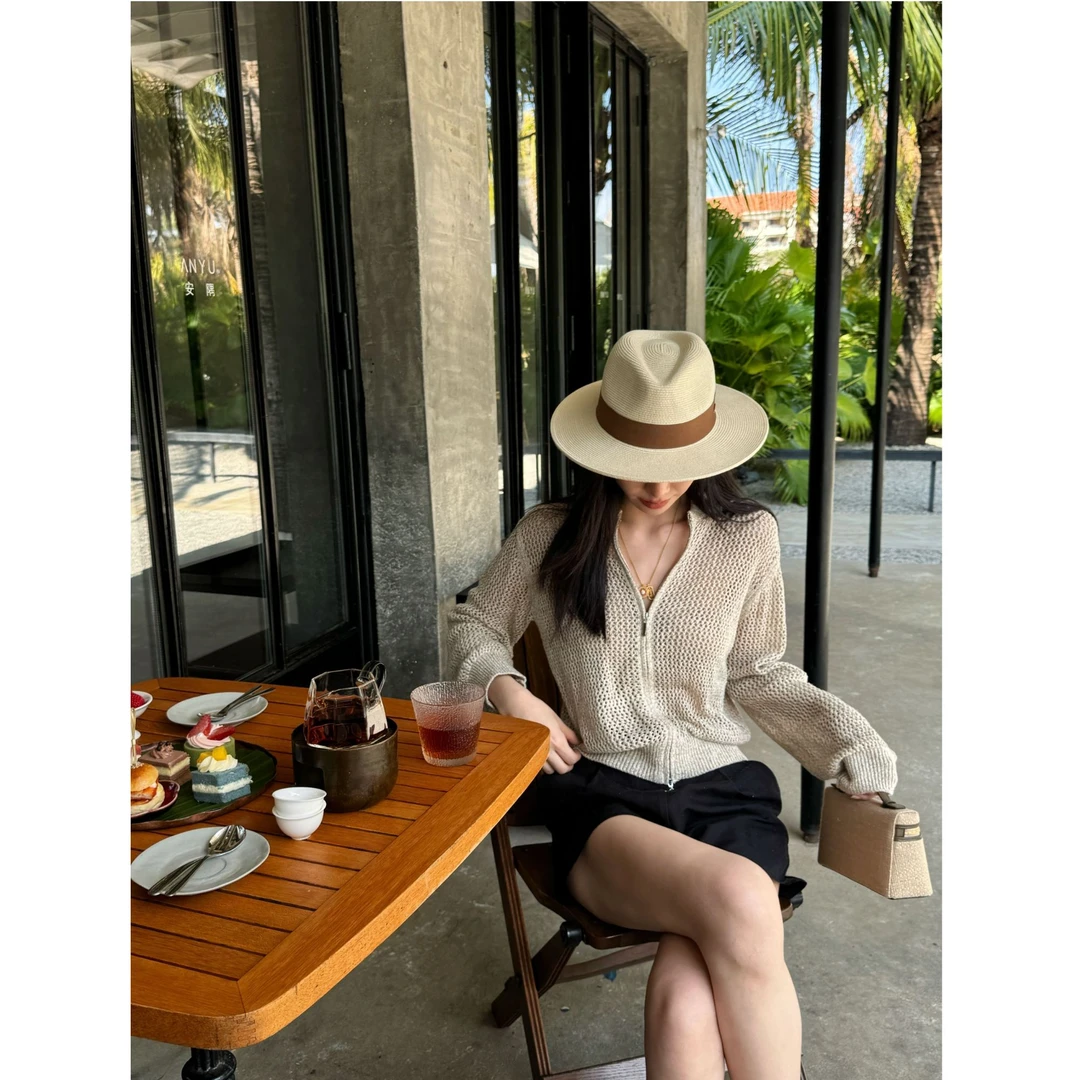 老钱风灯笼袖镂空针织衫女2025秋季新款慵懒显瘦开衫小外搭上衣