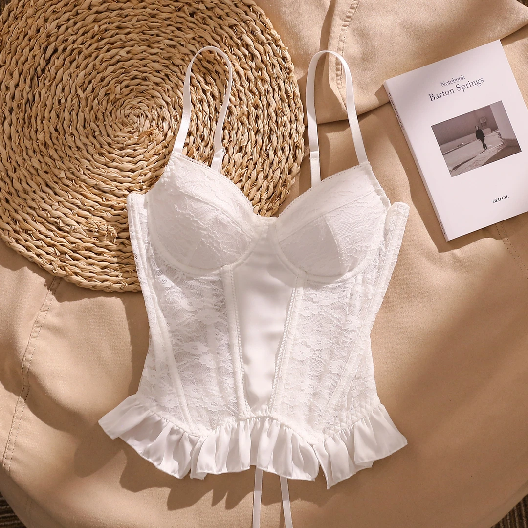 荷叶边蕾丝吊带背心女内搭带胸垫外穿性感辣妹法式无袖小上衣新款