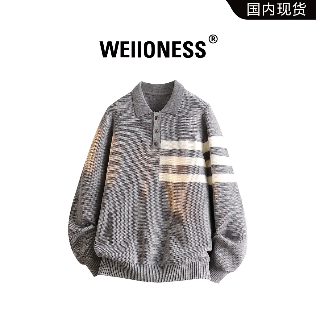 WEIIONESS日系潮流条纹毛衣男士秋季宽松慵懒风polo领针织衫上衣
