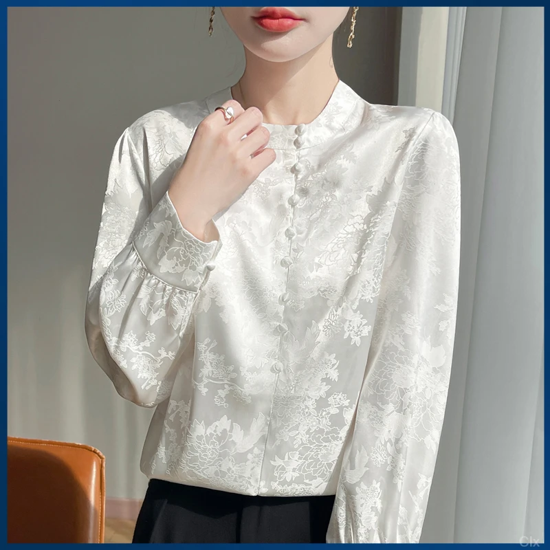 缎面轻国风白色女职场穿搭尘世春季长袖立领衬衣中式印花通勤上衣