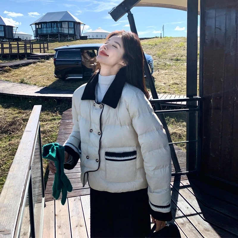 法式小香风撞色羽绒服2025冬季新款高级感ins风气质90白鸭绒外套