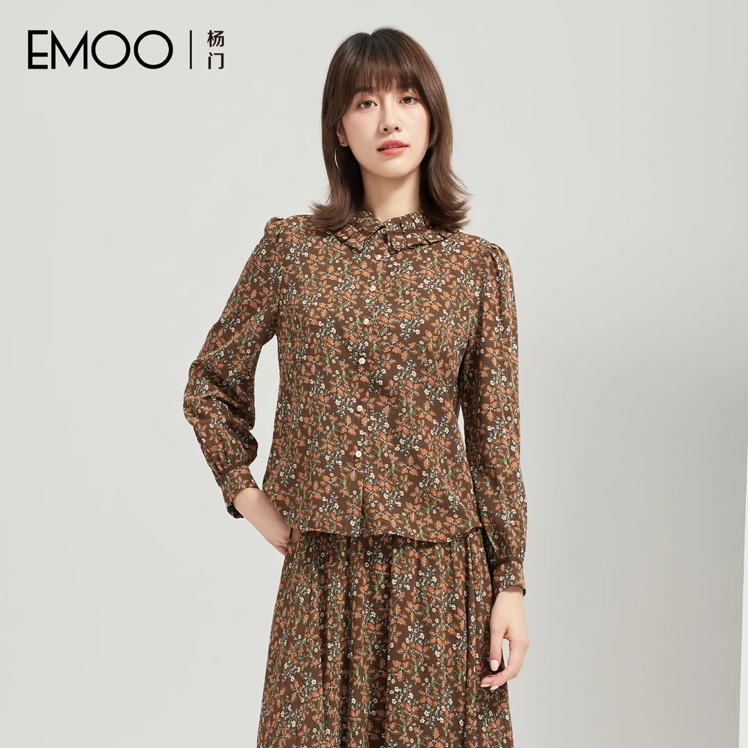 EMOO/杨门复古港风宽松型长袖常规碎花衬衫法式时尚E34H013375