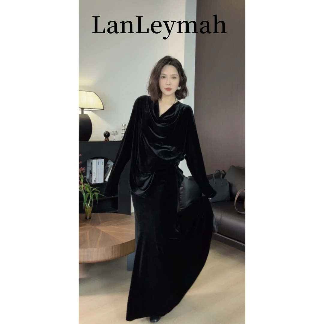 LanLeymah【宽松丝绒荡领上衣】轻奢设计感大码显瘦小衫 早秋T恤女