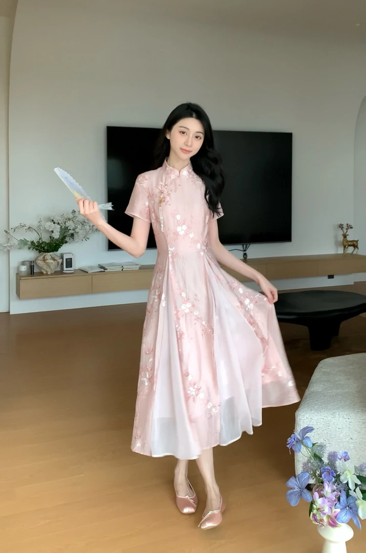 鹿向南【霞染云裳】气质春夏小众粉色新中式连衣裙DYL661724