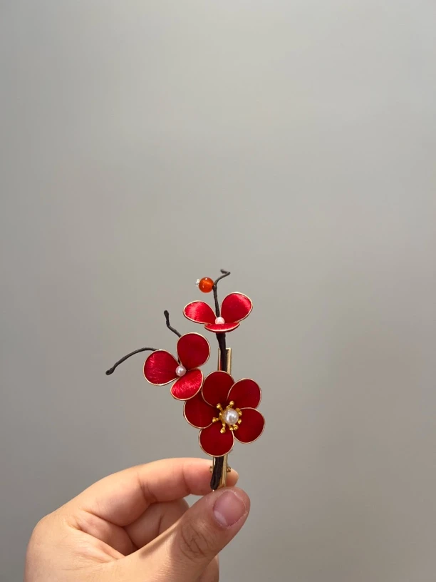 掐丝绒花橘色发夹古风可爱气质红色发饰手工头饰