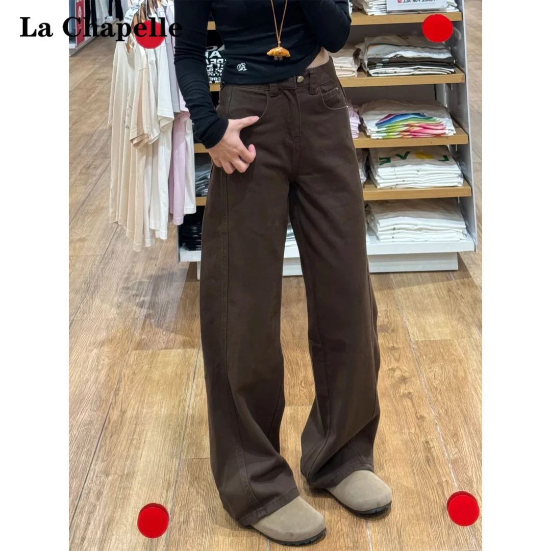 拉夏贝尔美式咖色弯刀牛仔裤女2025秋季设计感小个子宽松直筒裤子