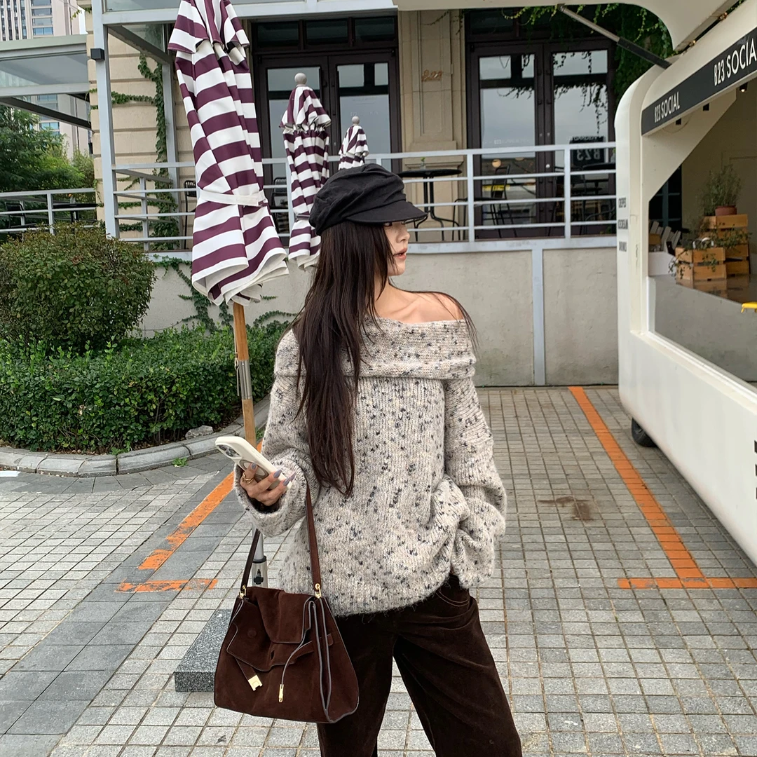 MAR 冬季新款复古一字肩两穿宽松百搭套头花纱毛衣女上衣703129