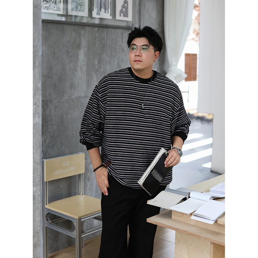 路人社 高品质条纹卫衣男圆领套头衫大码男装秋季针织胖男生穿搭